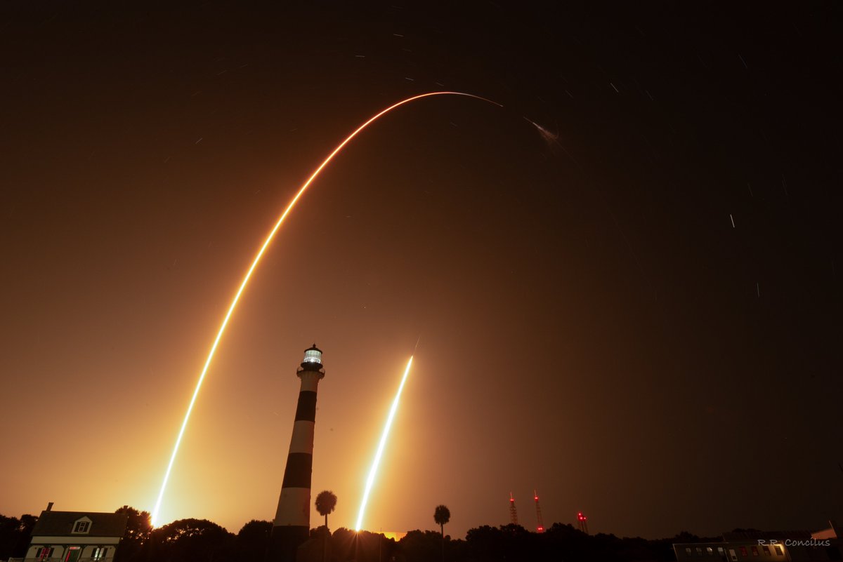 Rebbierc's tweet photo. Some shots from this morning's very early (or was it very late) Crew-7 launch at 3:37 AM into a sky full of stars. Made me wish I had used my star tracker, but did get launch, separation &amp; boost back burn in one frame. https://t.co/wnQKk7EBS1