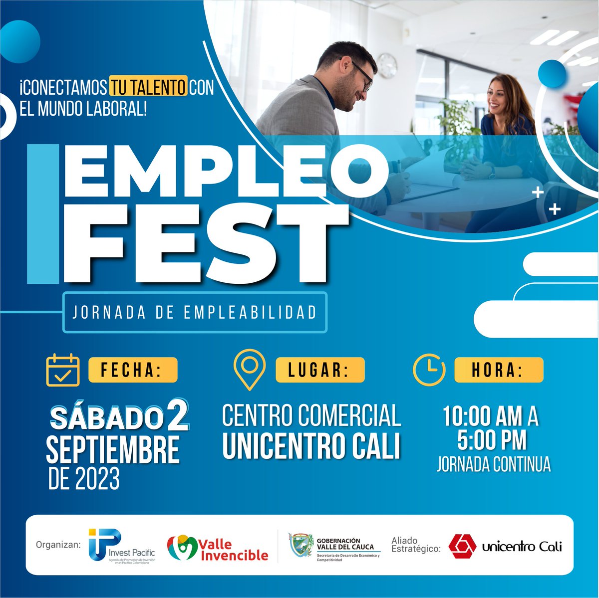 investpacific's tweet photo. Acércate a @UnicentroCali1 el 2 de septiembre porque la cita es con el #EmpleoFest 2023 y todas las oportunidades de empleo formal que las empresas que componen el #TejidoEmpresarial de la región tienen disponibles para los vallecaucanos y vallecaucanas ➡ https://t.co/byPuMJEtPX https://t.co/W8PVqjj5Fj