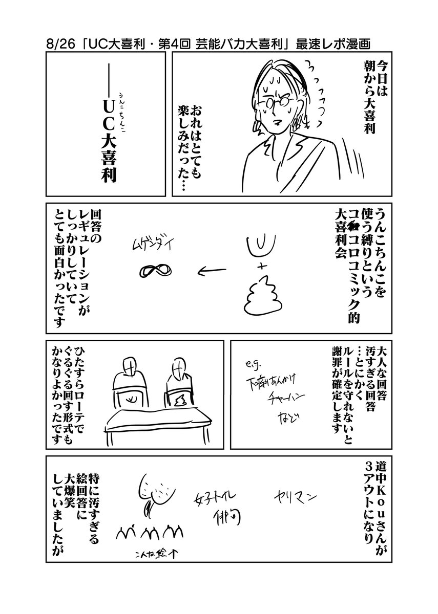 8/27「第1回 UC大喜利・第4回 芸能バカ大喜利」最速レポ漫画 #UC大喜利 #芸能バカ大喜利