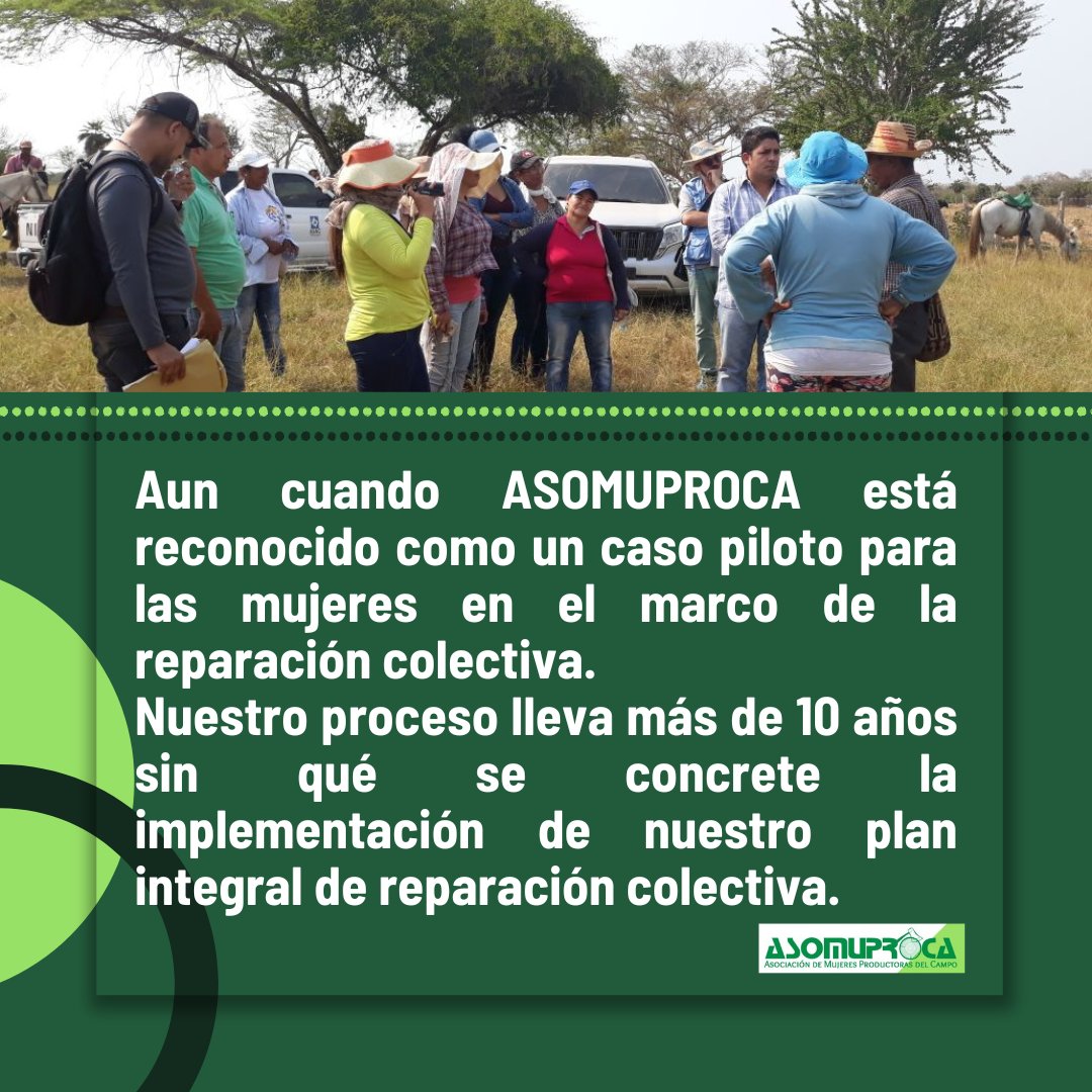 ASOMUPROCA's tweet photo. Aun cuando la @ASOMUPROCA  está reconocido como un caso piloto para las mujeres en el marco de la reparación colectiva. Nuestro proceso lleva más de 10 años en ruta sin qué aún se concrete nuestro Plan Integral de #ReparaciónColectiva.
@URestitucion @UVictimas #EstadoCumpla https://t.co/TmjEygWqWN