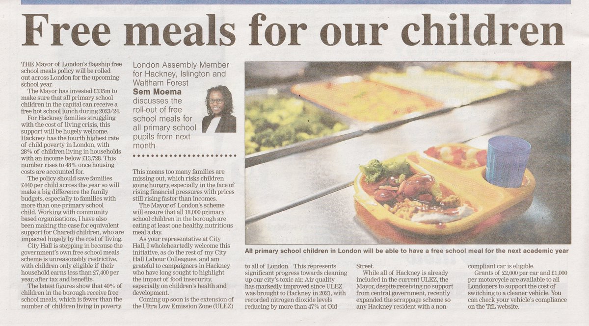 London Assembly member for Hackney, Sem Moema, highlights the Mayor of London's free school meals policy in London for all primary school pupils starts in Sept. Sadiq Khan has invested £135m for free hot school lunches 2023/24. 'The policy should save families £440 per child pa'