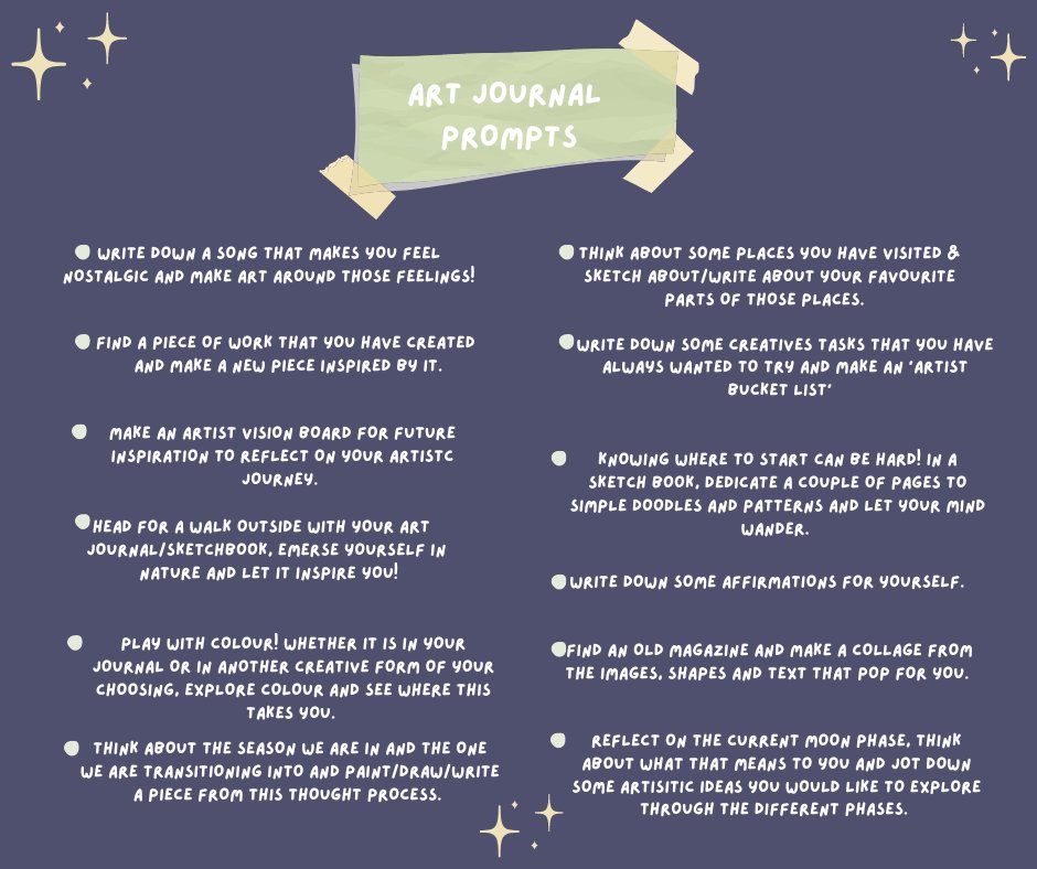 Hello fellow creatives, here are some Art Journal Prompts to inspire your creative endeavours!

Feel free to use them in whatever creative endeavour you feel aligns for you, use them to unleash new creative thoughts, to get those creative juices flowing or even just as a nice way