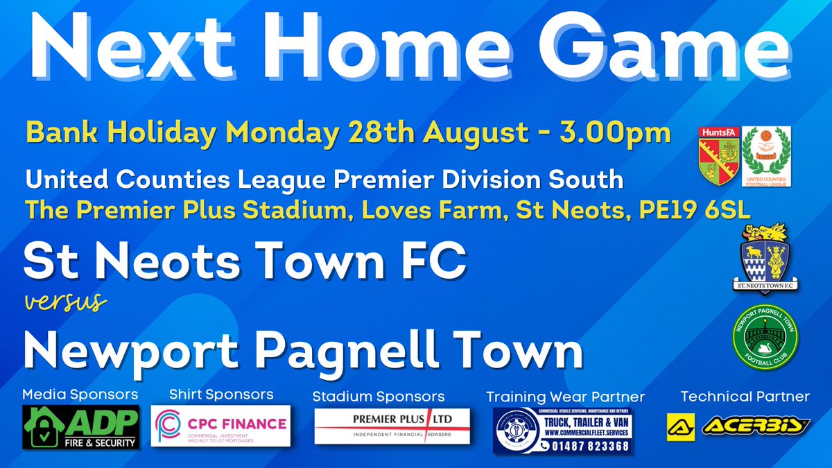 StNeotsTownFC's tweet photo. Next Up and our biggest test yet as we entertain @nptfc at the Premier Plus Stadium on Bank Holiday Monday

Come along to what will be a cracker of a game 👏👏👏

#inittogether 
#wearesaints💙 https://t.co/aCrtszkDT3