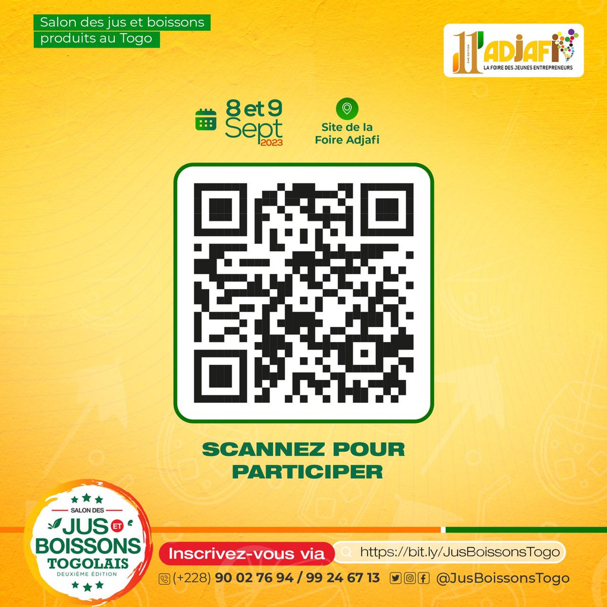 JusBoissonsTogo's tweet photo. Réservez votre place au Salon des Jus et Boissons produits au #Togo en seulement deux étapes.

- Scannez le Code QR
- Remplissez le formulaire

Voilà ! Vous y êtes.

 🗓️08 et 09 Septembre 2023
📍Site de la foire ADJAFI

#JusEtBoissonsTogo
#Adjafi11
#ConsommationLocal
#Agritech https://t.co/9VCkhacs1O