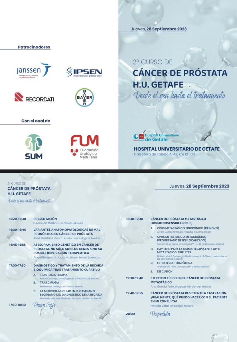 LuisLlanesGonz's tweet photo. El 28 Septiembre, os esperamos en #HospitaldeGetafe para actualizar el diagnóstico y tratamiento del cáncer de próstata, con algunos de los mayores expertos en el campo. Inscripción gratis a través de @JanssenESP @BayerEspana @IpsenGroup @CasenRecordati y avalado por  @uromadrid https://t.co/l9oaWPiaHc