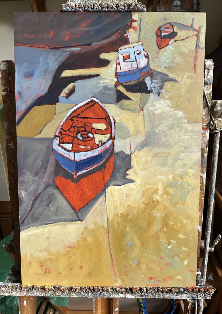 staithesartist's tweet photo. End of day #WIP #light #shadows in the #Beck #Staithes #boats #fishing #marineart #blockingin 16x24” #oilpainting #YorkshireCoast https://t.co/uTORvZrEbl