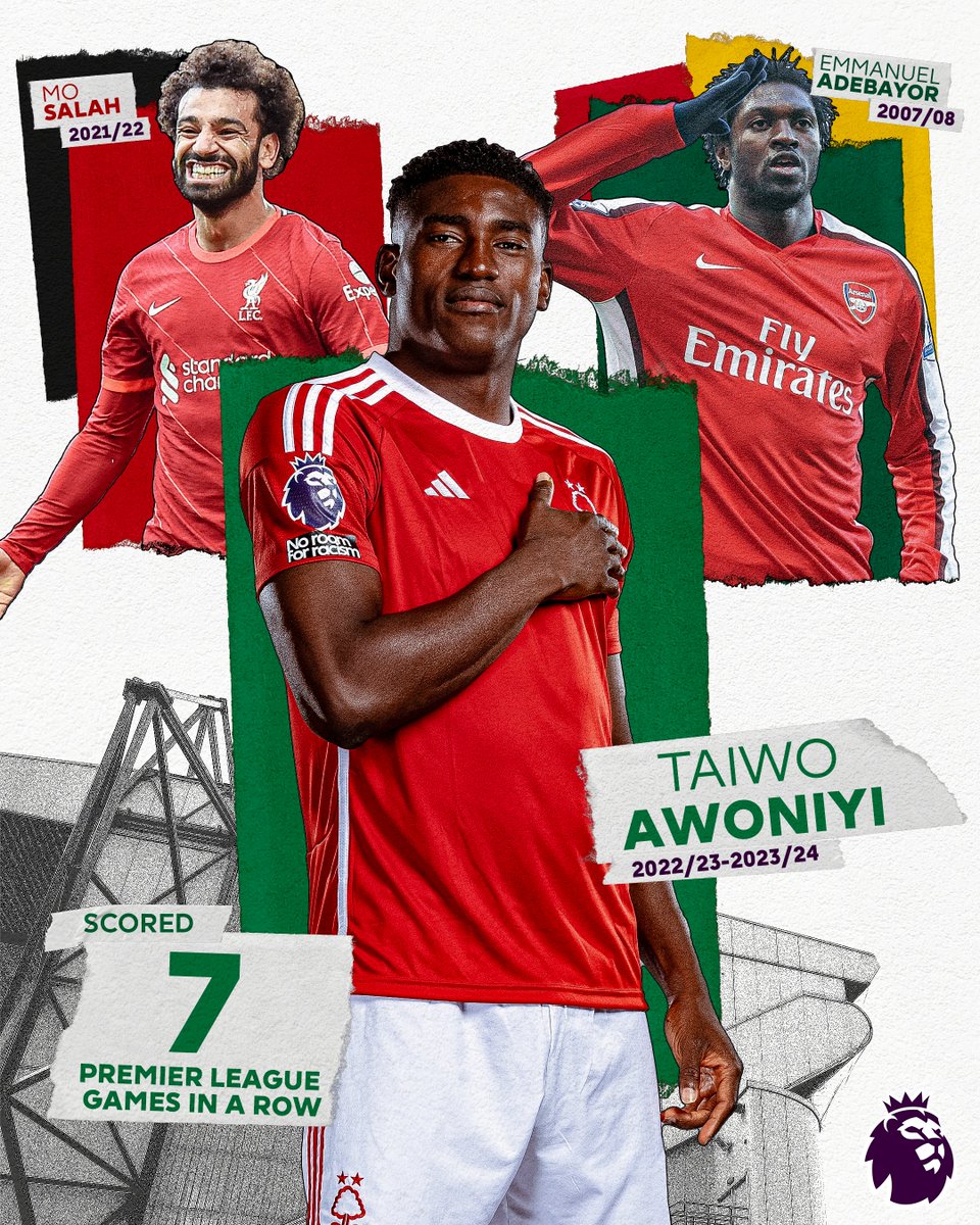 premierleague's tweet photo. Taiwo Awoniyi is the third African player in Premier League history to score in seven consecutive matches 🇳🇬

@NFFC https://t.co/AD7aoBJxa9