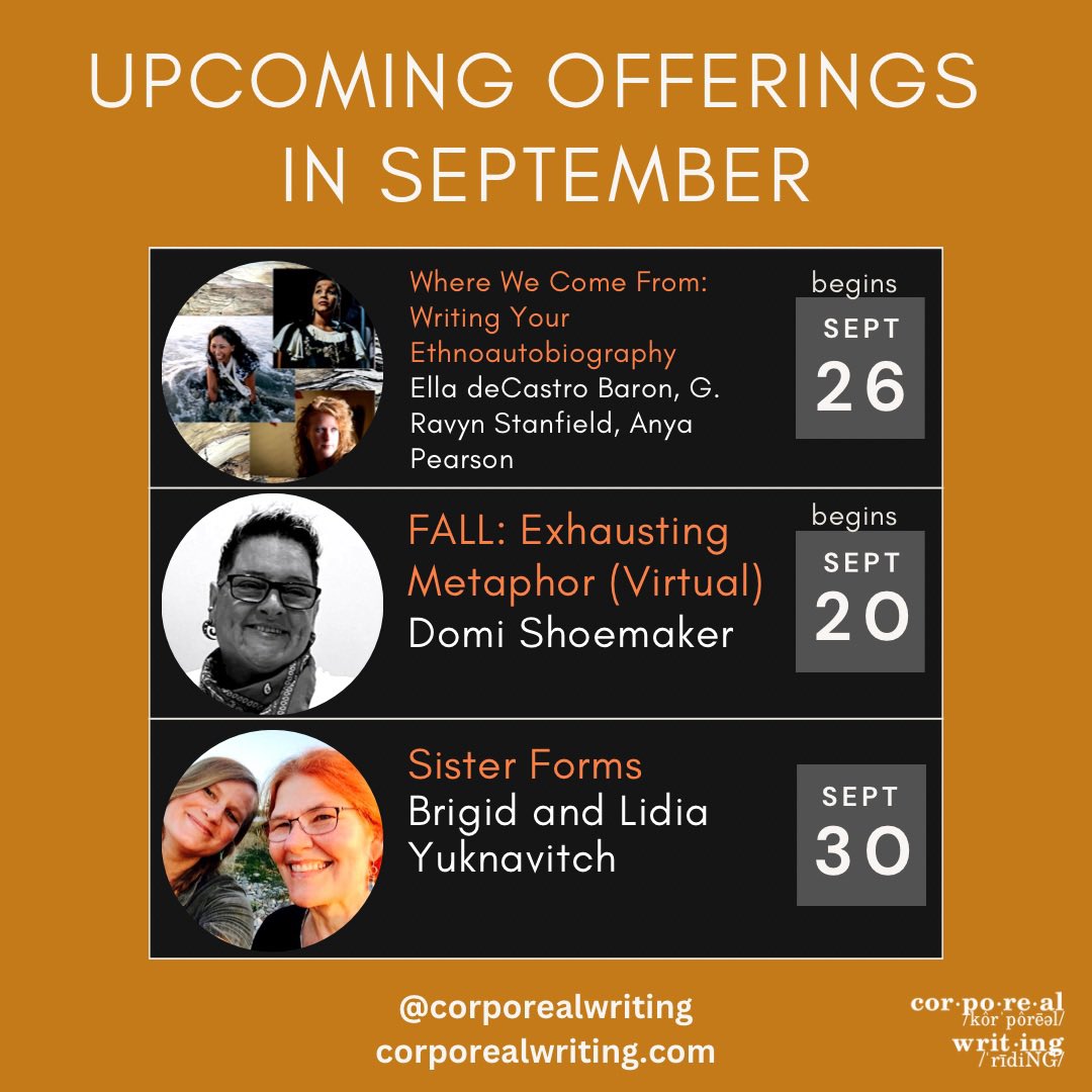 Upcoming offerings in September! One-day workshops, multi-week creative labs, and F2F events! corporealwriting.com/current-offeri… @ChiehLanTang @LeighHereNow @diddioz @brankfree @AndyMingo