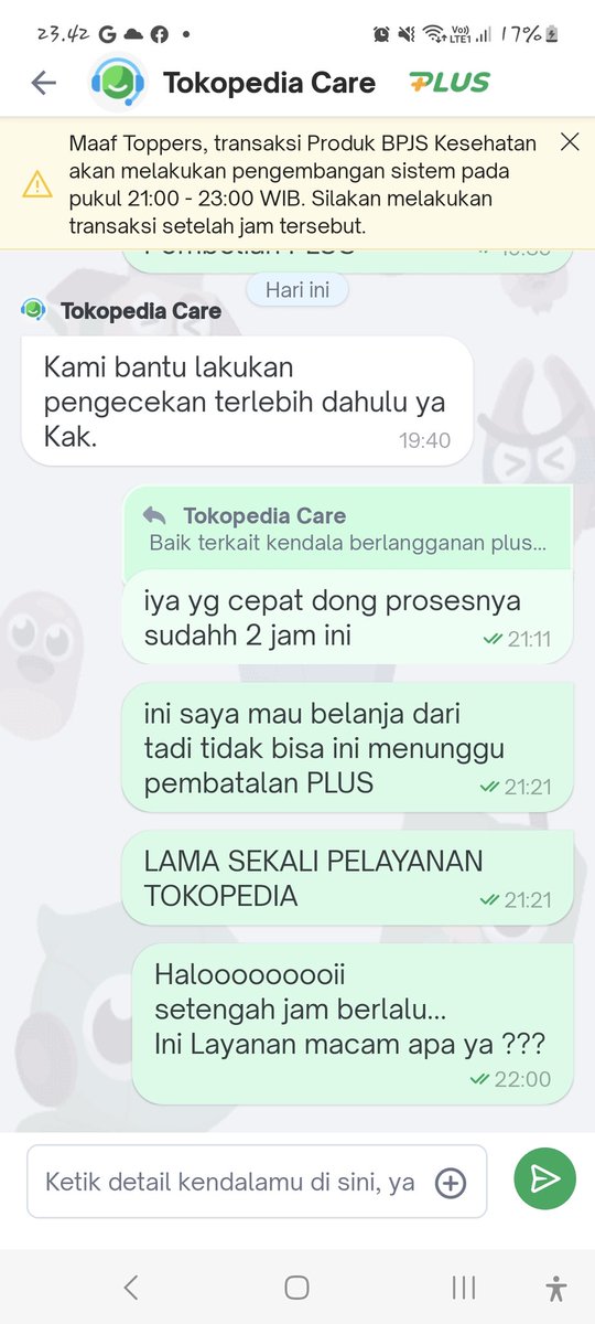 and913's tweet photo. @TokopediaCare 
Layanan Care macam apa ini, dari jam 12 sampai detik ini tidak ada solusi bahkan responnya sampai hitungan jam. Sudah bayar langganan PLUS juga ga guna. Infonya PRIORITAS, tapi berjam-jam tidak ada solusi. KEMBALIKAN UANG SAYA....!!!
#TOKOPEDIACARE_LEMOT https://t.co/gbPt9DnJ8f