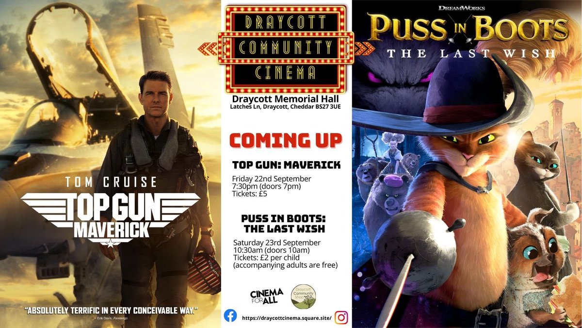 DraycottCinema's tweet photo. We’re thrilled to announce our first screenings for September!
Tickets on sale now at https://t.co/S7ElZ069Vw 
Come along! 
#cinema #communitycinema #locallife #cheddar #draycott #somerset https://t.co/g0rjXfICQZ
