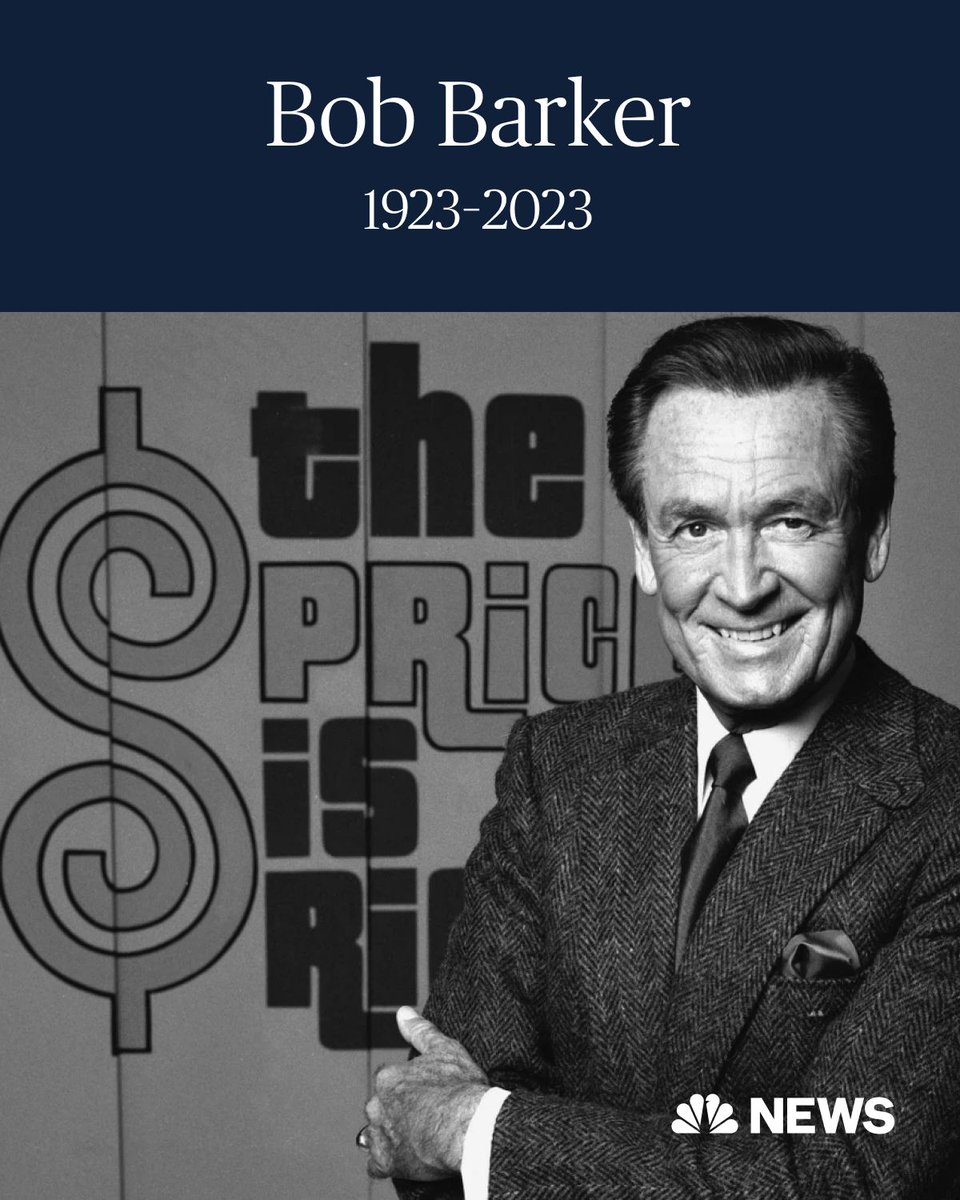 BreakingNews's tweet photo. BREAKING: Bob Barker, longtime host of 'The Price Is Right,' has died at the age of 99, according to his publicist. https://t.co/n8XKSuYNB2 https://t.co/ZmgKpe25K0
