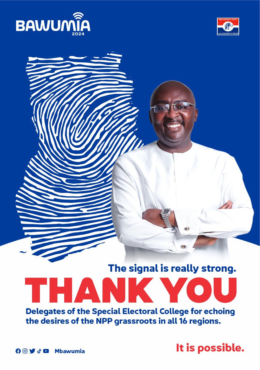 Kow Essuman (@kaessuman) on Twitter photo Congratulations Dr. <a href="/MBawumia/">Dr. Mahamudu Bawumia</a>. The man who sends shivers down the spines (even if they have one) of Fmr President John Mahama and the NDC.
We, the ordinary delegates, will ensure that we affirm and ratify the overwhelming decision of the Special Electoral College. Congratulations Dr. <a href="/MBawumia/">Dr. Mahamudu Bawumia</a>. The man who sends shivers down the spines (even if they have one) of Fmr President John Mahama and the NDC.
We, the ordinary delegates, will ensure that we affirm and ratify the overwhelming decision of the Special Electoral College.