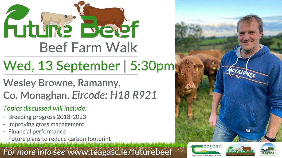 teagasc's tweet photo. Join us for a #FutureBeef Farm Walk on the farm of Wesley Browne, Ramanny, Co. Monaghan on Wednesday, 13th September at 5:30pm. Find out more here https://t.co/Fvf1d0egO1 @TeagascBeef https://t.co/x3xEG3Qq60