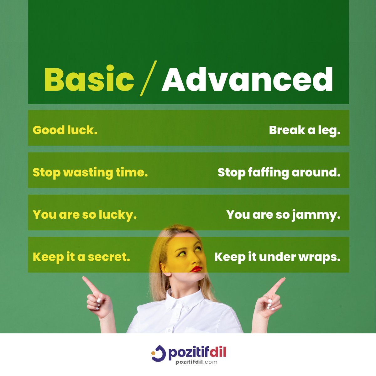 Let’s boost your English with these advanced phrases!🤓

Dilin çeşitliliğinin güzelliğini benimseyin ve konuşmalarınızı deyimlerin zenginliğiyle yükseltin.🚀 🎨

#learnenglish #gunlukingilizce #ingilizcebasic #ingilizceadvanced #pozitifdil