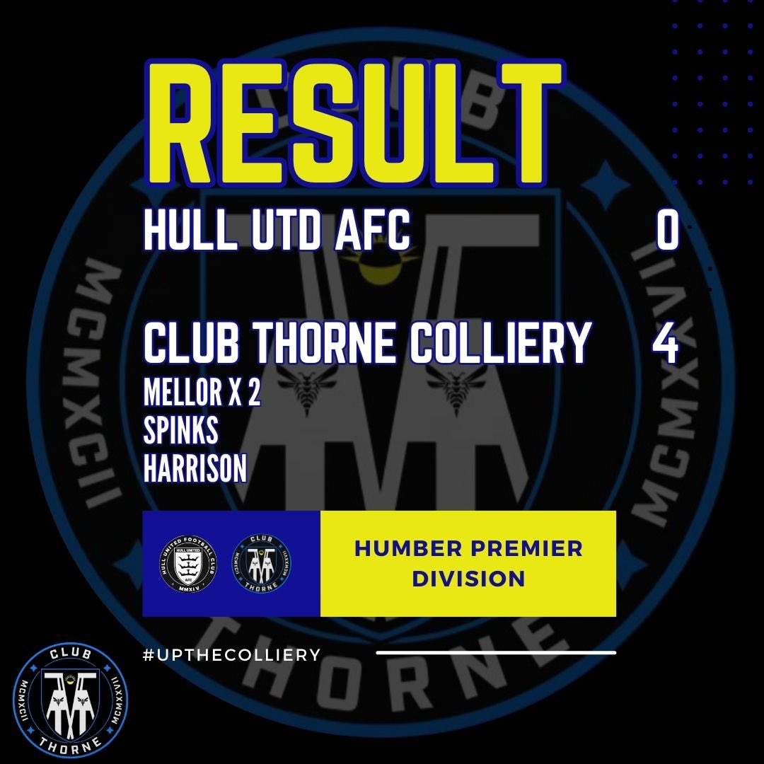 Result: 

@HullunitedAfc 0 
Club Thorne Colliery 4 

#humberpremierleague 
#colliery #clubthorne #upthecolliery #clubthorneacademy #thorne #moorends #doncasterisgreat #doncaster
