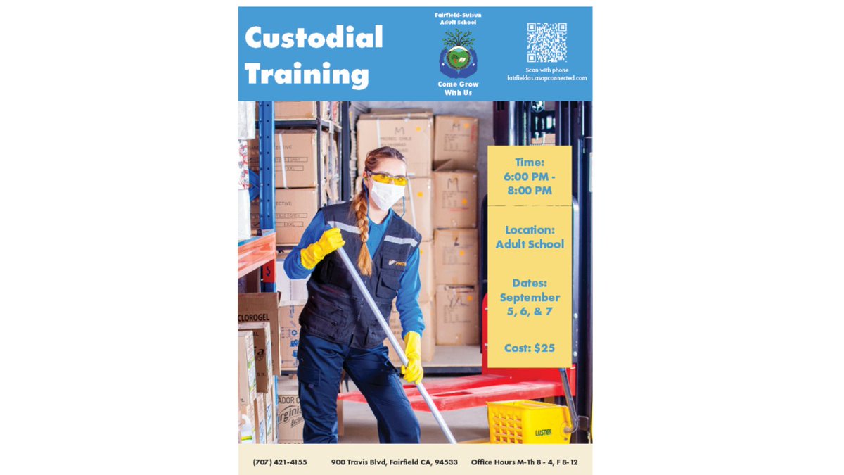Students will learn the basics in custodial operations in preparation for an entry level position. Topics include:
Chemical Safety
Cleaning types
Basic Floor Care
And More!
Registration: fairfieldas.asapconnected.com/?#CourseID=206…

@FairfieldSuisun @OfFairfield