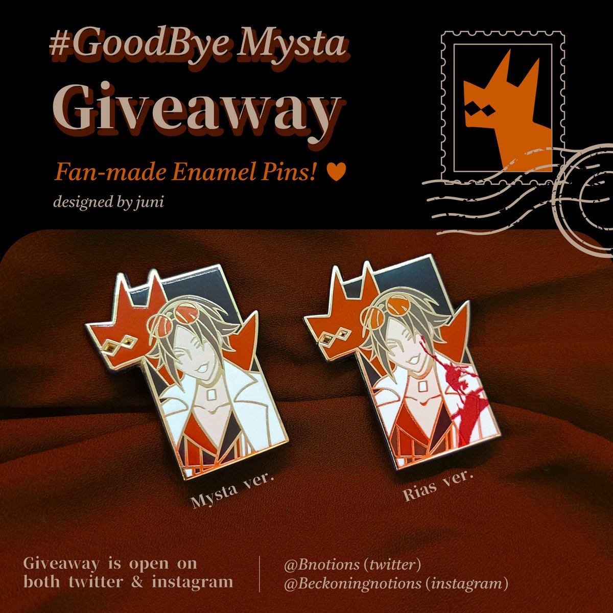 BNotions's tweet photo. 🦊#GoodbyeMysta Pin Giveaway🦊

🧡Rules
~RT &amp; Like this post
~Comment your favourite thing about Mysta 
~Account &amp; DM must be public 

🧡Info
~1 winner will receive 2 pins (1xMysta, 1xRias)
~Ends 3rd Sept - 11:59pm GMT+8
~Follows not required but appreciated
#MystArt #mystarias https://t.co/xo8C8HaseY
