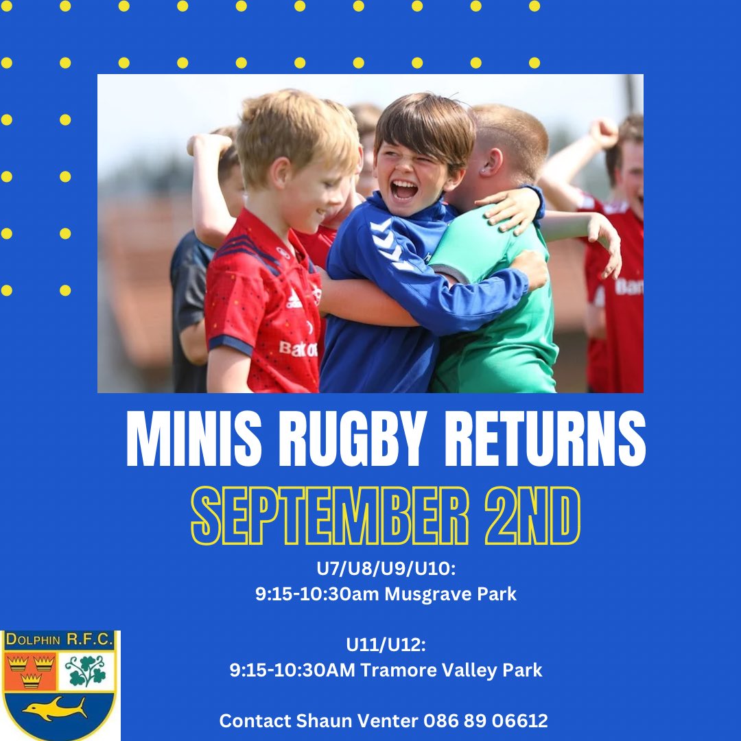 DolphinRFC's tweet photo. Minis rugby returns next weekend 🐬

Any question contact Minis Coordinator Shaun Venter 

See you all then!!! https://t.co/eyB9MgsMKn