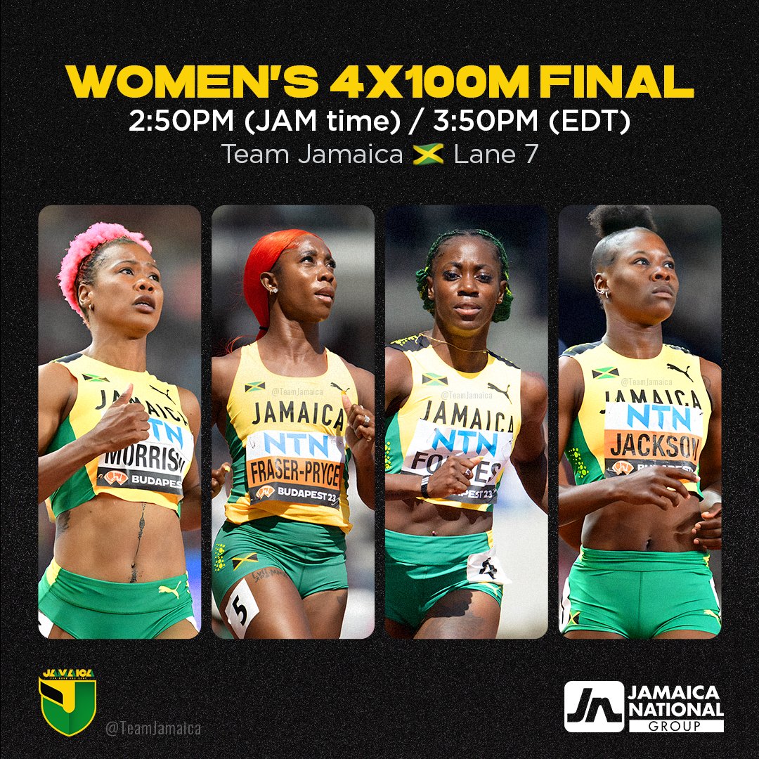 TeamJA876's tweet photo. Women's 4x100M Final Preview: 
Natasha Morrison ➡️ Shelly-Ann Fraser-Pryce ➡️ Shashalee Forbes ➡️ Shericka Jackson 

Guh Haad and Done. Finish strong! Team Jamaica 🇯🇲 

Powered by @jnbanklimited

#GuhHaadAndDone #WorldAthleticsChamps https://t.co/j3Dkw3VYqk