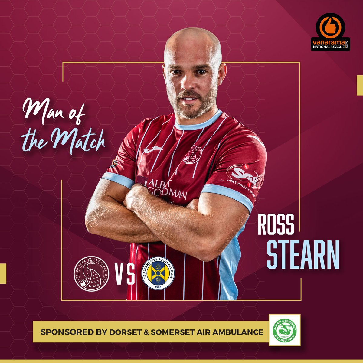 TauntonTownFC's tweet photo. What a match! It ends 3-2 against @stalbanscityfc 

A great performance for all the boys which made it hard to choose. Stearny netted two goals on 13 and 97 minutes. He's our Man of the Match.

Sponsored by @dsairambulance 

#UpthePeacocks #gimmegimmegimme https://t.co/HD81sy4tdX