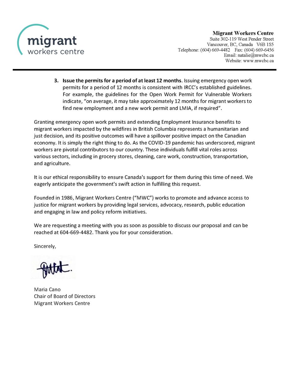 A week ago, MWC sent @CitImmCanada Minister Marc Miller a letter urging him to issue emergency open work permits & provide EI benefits to migrant workers impacted by the BC wildfires. Pls show your support by writing to him and your local MP. @vancouverdlc @PovReductionBC @ccpa