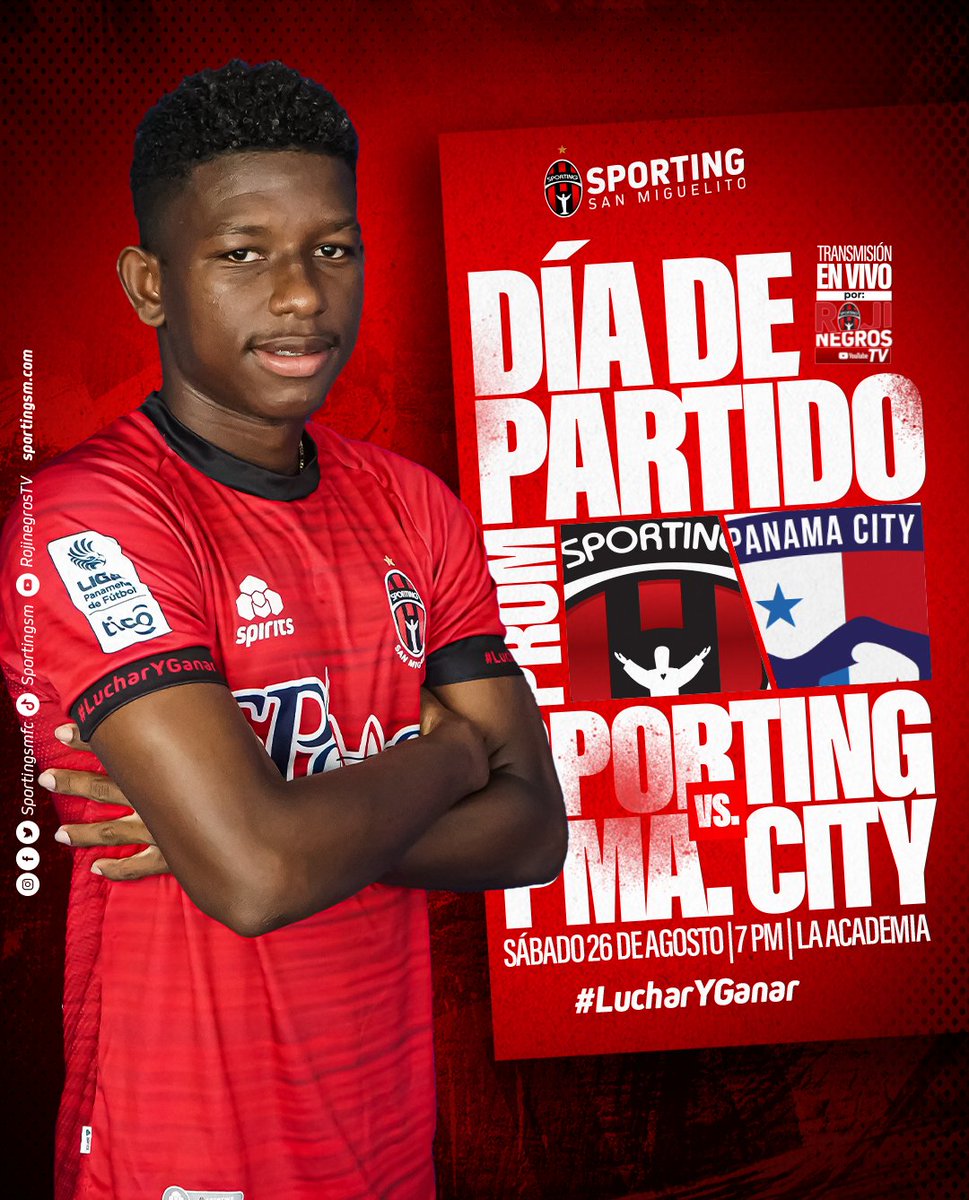 sportingsmfc's tweet photo. ¡DÍA DE PARTIDO PROM! 

Día de partido para #SportingProm en la Jornada 6 @liga_prom 🔴⚫ 

🗓 Sábado, 26 de agosto
🕓 7:00 PM
🏟 La Academia
🆚 Panamá City
💻 Transmisión  en vivo por Youtube Rojinegros TV
🎫 Entradas a la venta aquí https://t.co/X4rEUrpMo1 https://t.co/2utKkgMIoD