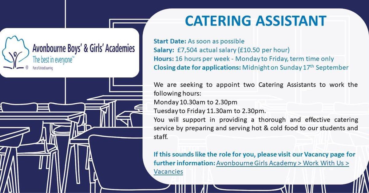 We are seeking to appoint two part-time Catering Assistants!

Following the link below for more details.
tinyurl.com/ysc6xkwc