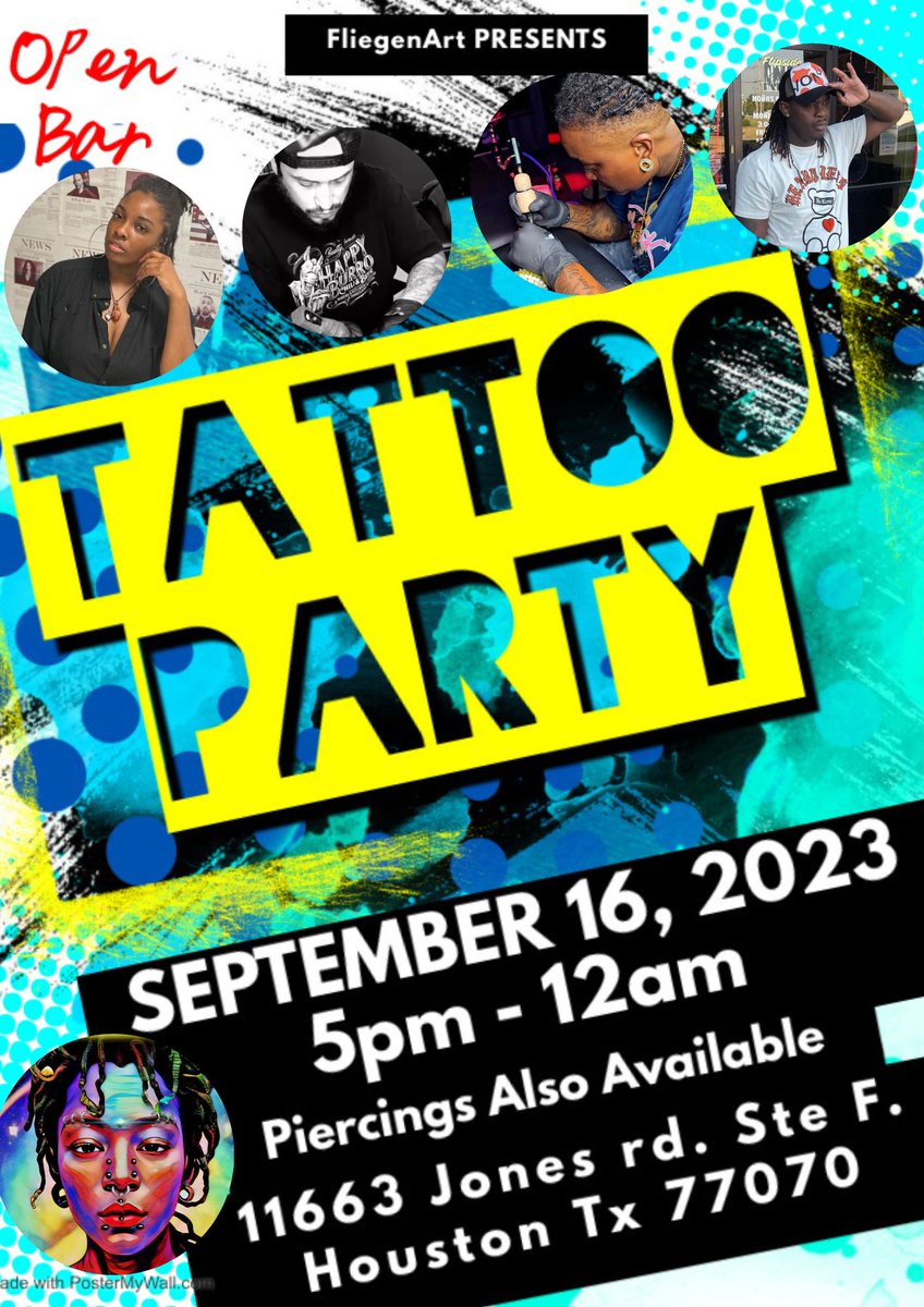 FliegenArt's tweet image. 🎉🎉TATTOO PARTY🎉🎉
SEPT. 16th, 5pm - until
11663 Jones rd. Ste F, 77070
.
🍹🥃Bartender on duty
($5 WRISTBAND FOR OPEN BAR! 3 DRINKS MAX FOR NON TATTOO CUSTOMERS)
🎉Tattoo Deals, 🎉🎉$25 Piercing Deals, 🎉🎉🎉Hookah Available 💨💨
.
#FliegenArtTattooStudio 
#HoustonTattooShop