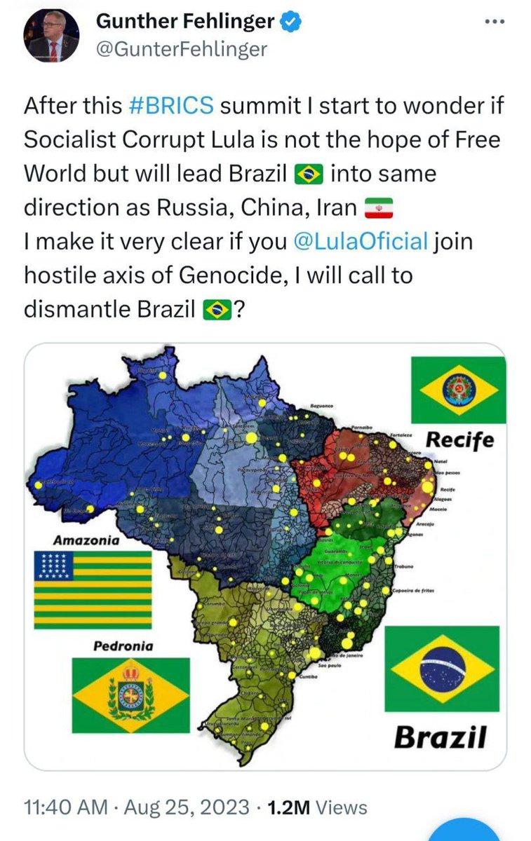 NATO proposed dividing Brazil into 5 states for refusing to supply weapons to Ukraine

 This is how Günther Fehlinger, President of the NATO European Development Committee, reacted to the country's participation in the BRICS summit.

 He stated that he would 'dismantle' Brazil if
