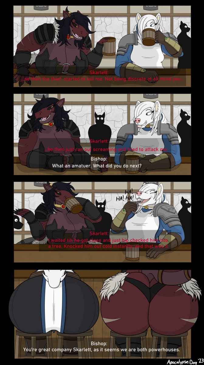 Apocalypse__Dog's tweet photo. A gift for @c_skarlett featuring Skarlett and my gal Bishop!  Amongst her travels, Bishop meets a dragon in a tavern. They start talking and seem to be hitting it off pretty well!     What better way to pass the time than having a drink with some great company! https://t.co/EcHfgWleaW