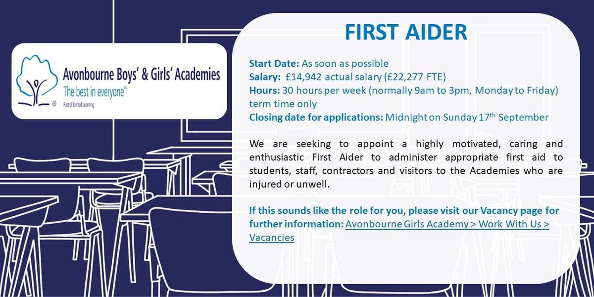 We are seeking a First Aider to join our team!

If this sounds like the role for you please visit the link below. 
tinyurl.com/y2a8z67d

#TermTimeOnly #schoolsupportstaff