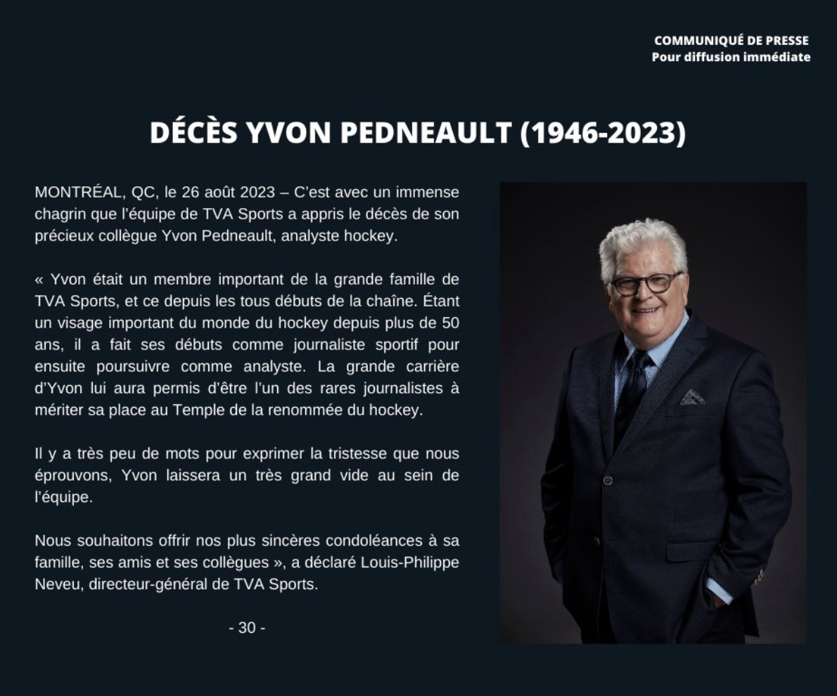 FPJQ's tweet image. TVA Sports a annoncé le décès du journaliste et chroniqueur sportif Yvon Pedneault à l’âge de 77 ans. Toutes nos pensées sont avec sa famille, ses amis et ses collègues.