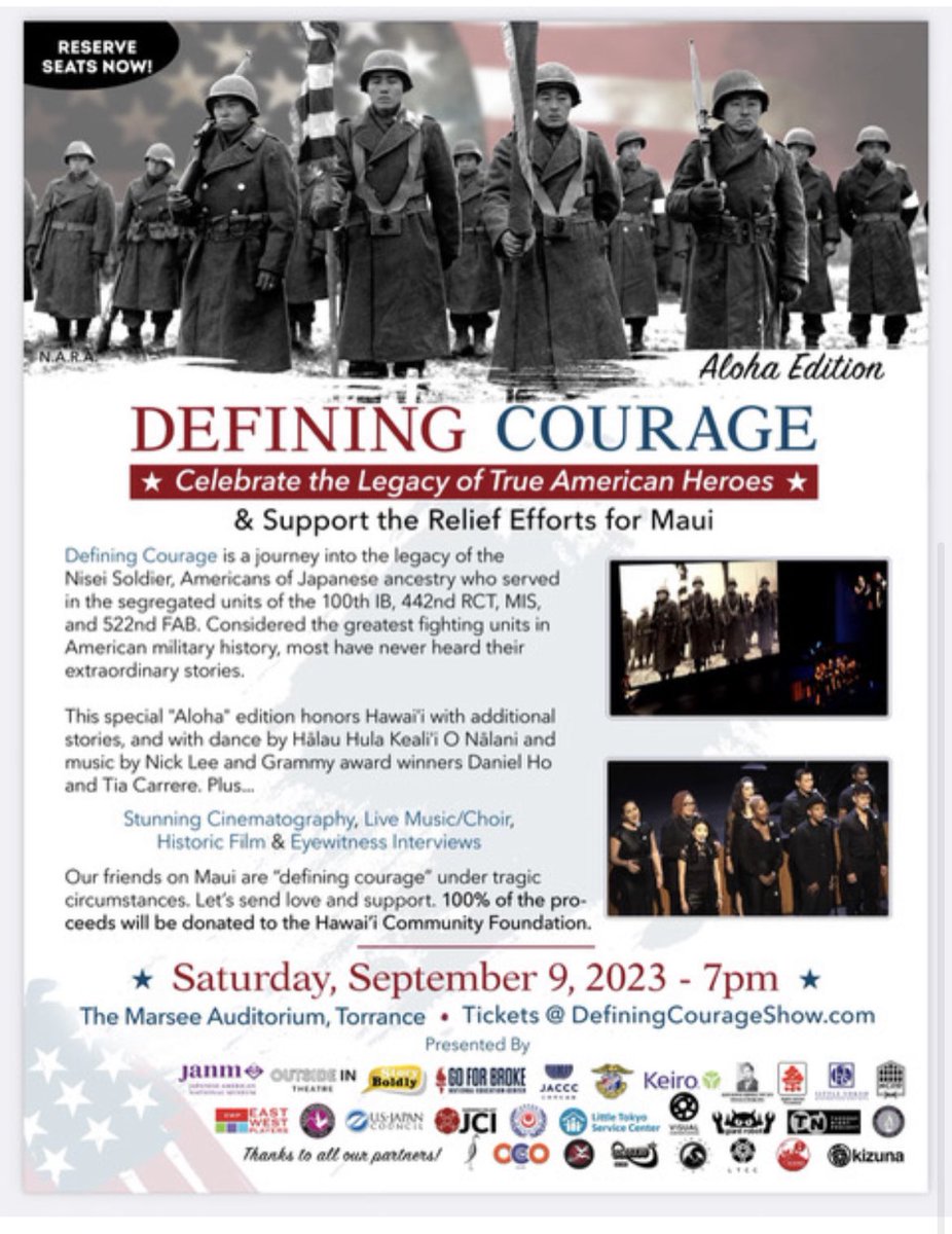 JaniceMunemitsu's tweet photo. “Defining Courage” is a MUST SEE show!  @abc7davidono presents LIVE amazing stories of WWII ‘s most decorated fighting unit - next one is a fundraiser for Maui Fire Victims - Sat Sept 9! It’s true, uplifting, inspiring and heartfelt!  #abcdavidono #davidonoabc7 #mauifirerelief https://t.co/mWn0ru8CEh