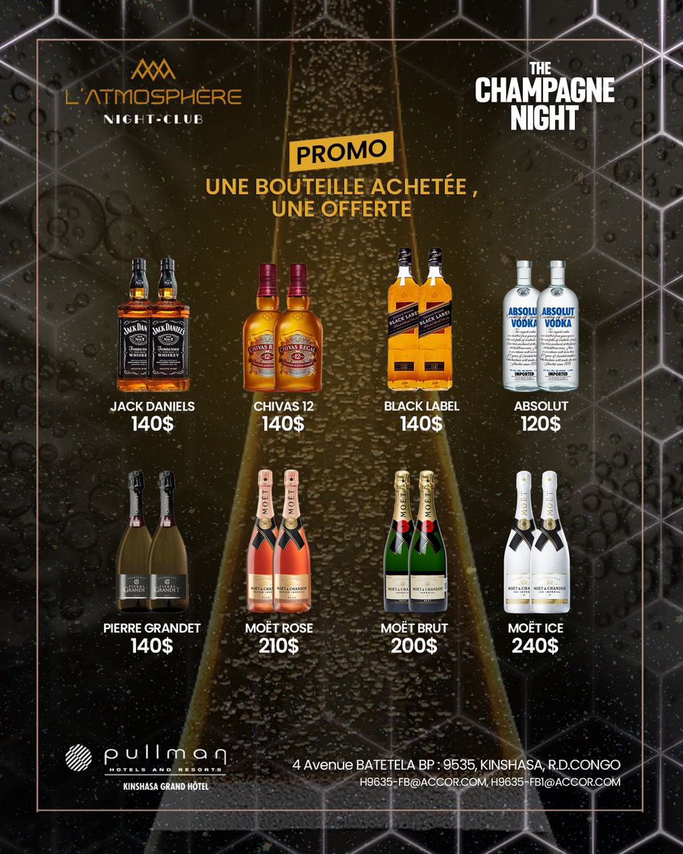 cherizdidier's tweet photo. Hello Week-end 🚨 

*⚠️PROMO SUR LES BOUTEILLES 1 + 1 , Une bouteille Une Offerte en plein centre-ville ⚠️*

========== CE SOIR ==========
📍 L'Atmosphère Night Club
⏰ 20:00 / XTIME

Tables limitées &amp; capacité limitée 
==========================
☎️ +243 808 503 639 https://t.co/QYy0bRXKRC