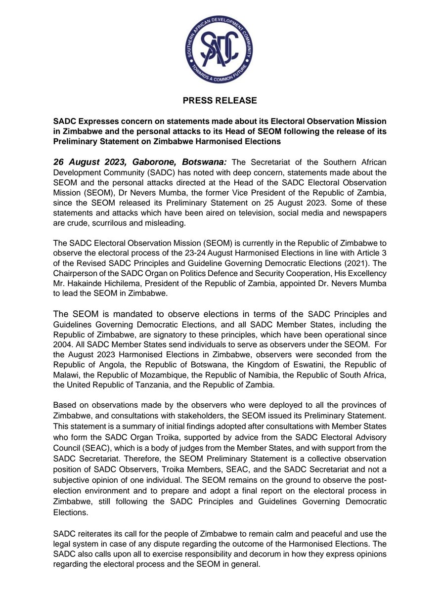BrezhMalaba's tweet photo. Sadc refuses to be bullied by the Zanu PF government. Full statement: https://t.co/VqzqWgicpD