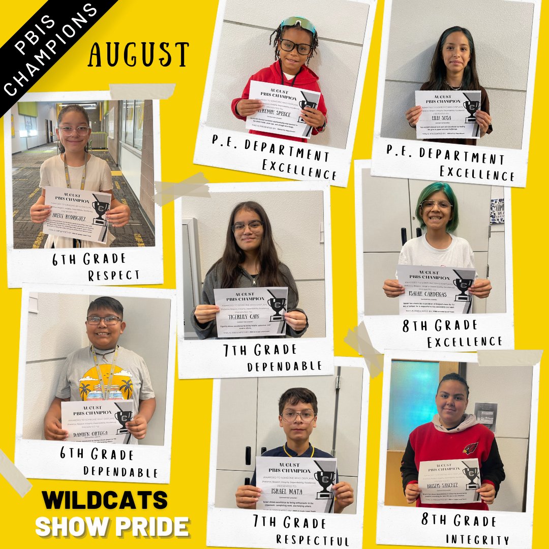 🚨PRIDE CHAMPION ALERT! 🚨
Each month (2) students are nominated by their grade level and the PE department for displaying one of the PRIDE expectations (Patience, Respect, Integrity, Dependable and Excellence). Shoutout to our PBIS PRIDE Champions for the month of August!