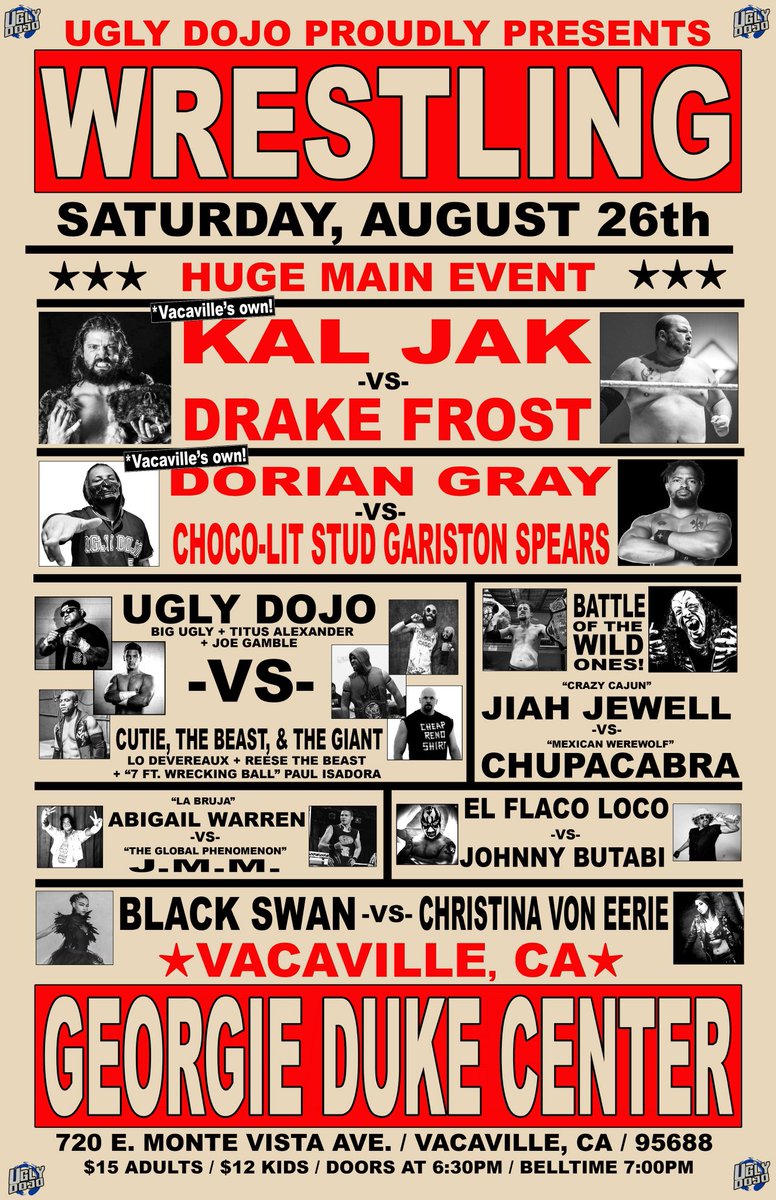 Tonight it's going down, Ugly dojo brings wrestling back to Vacaville! Doors @630p /Bell @7p
Come out and see live wrestling action!
#uglydojo #wrestling #prowrestling #wwe #wrestler #aew #nxt #nwa #grappling #wrestlinglife #EndureWithHonor #KingOfHausIsland #HonorSociety #NorCal