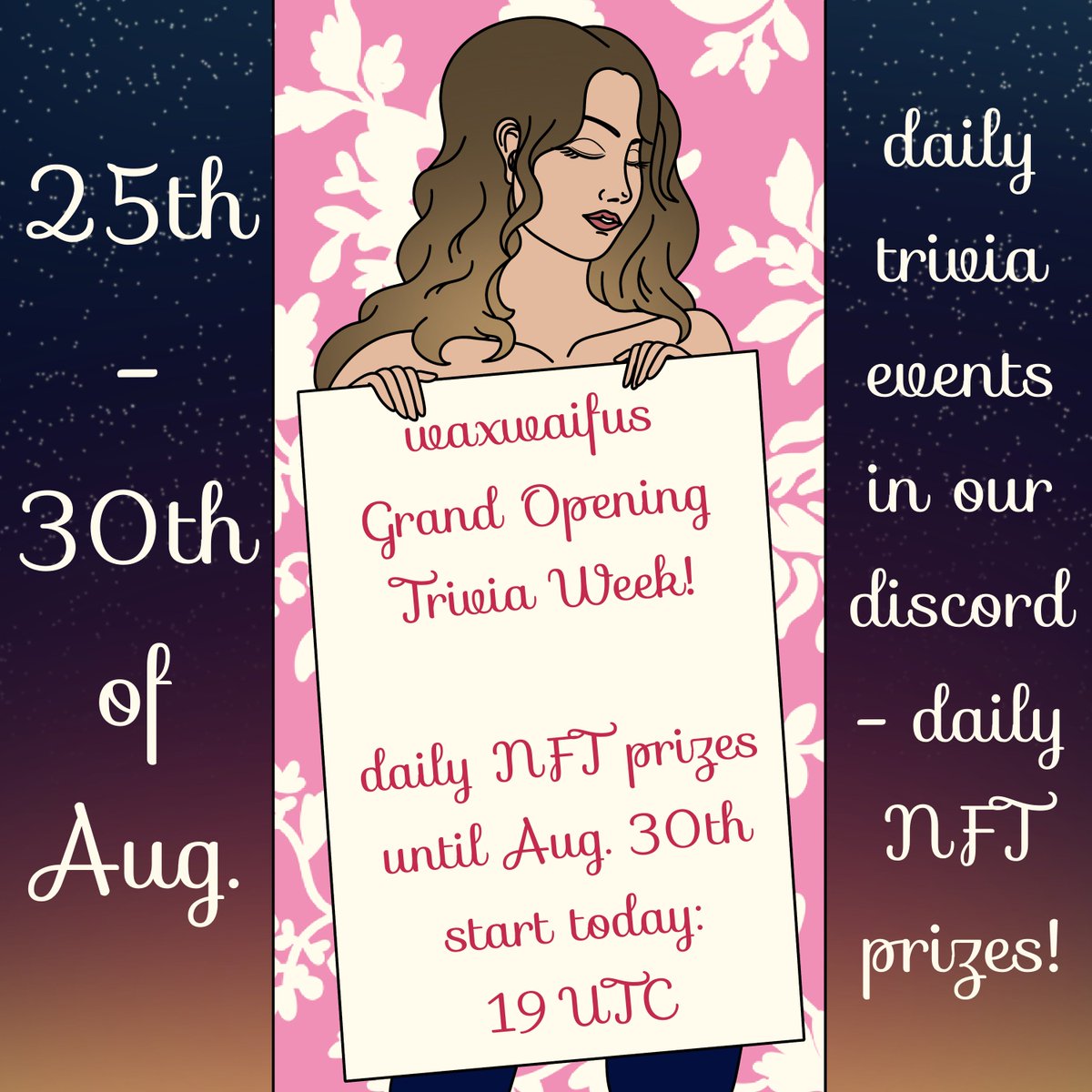 The Grand Opening Trivia Week is going on!
😍
Check out our Discord and play with us to win more NFT prizes from different collections on <a href="/WAX_io/">WAX</a> !  

Start is 7pm UTC (in ~1.5 hours)  in our Discord! 

#WAXNFT $WAXP #NFTGiveway