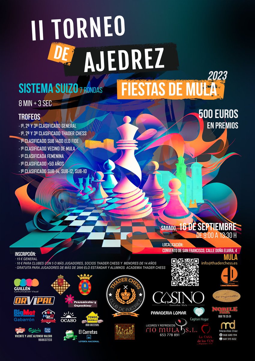 El día 16 de septiembre, Thader Chess organiza su II Torneo de Ajedrez "Fiestas de Mula". Está abierto a todos los públicos sin restricción de edad o nivel. Ánimate a participar. 
thaderchess.es/entradas/notic…