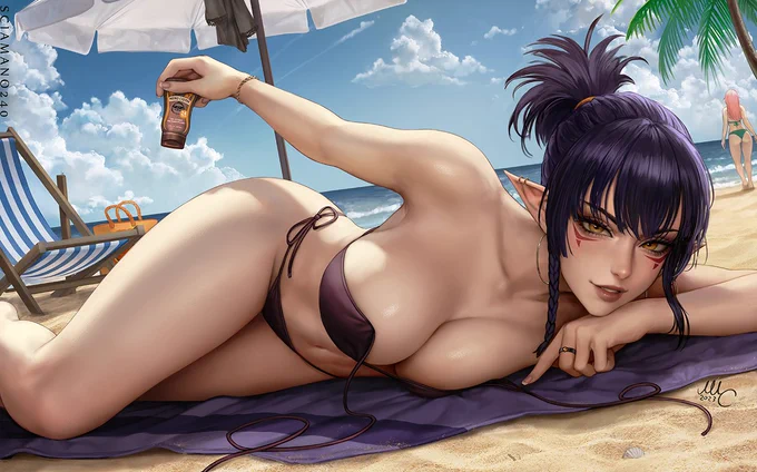 My OC Valerie, asking for help with her suntan lotion on the beach.