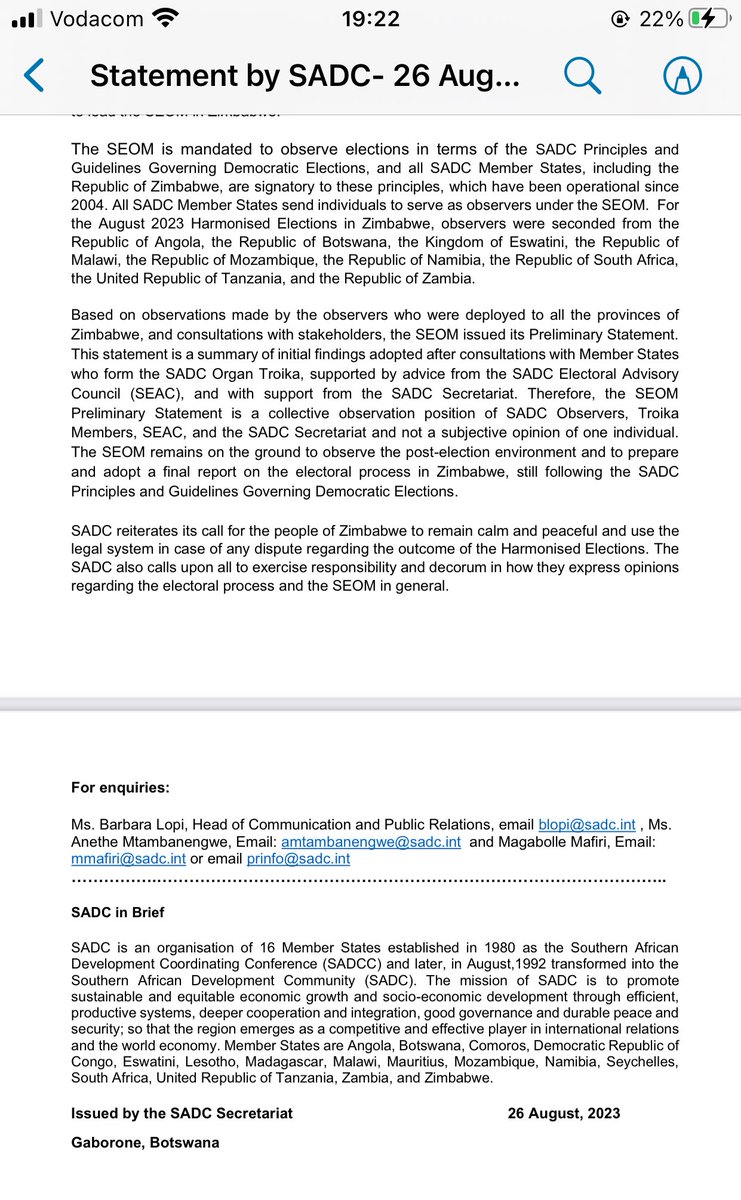 The SADC secretariat at the headquarters in Gaborone, Botswana has just released a statement saying they stand side by side with Nevers Mumba. People of Southern Africa, SADC is alive again - it’s scenes we have never before seen in our politics !!!