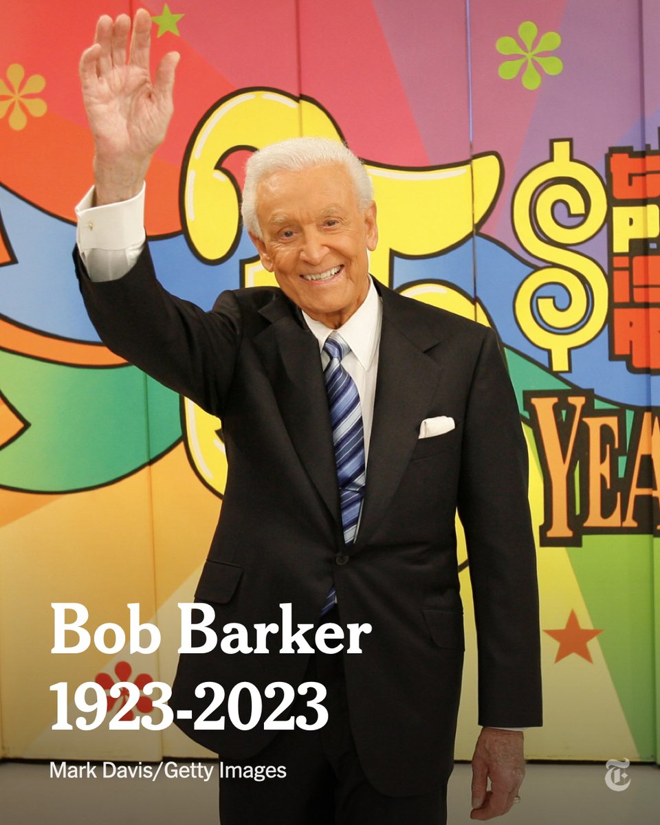 nytimes's tweet photo. Breaking News: Bob Barker is dead at 99. The longtime host of “The Price Is Right” was a daytime television fixture for half a century. He was also well known for his advocacy of animal rights. https://t.co/rhjd2BD1KW https://t.co/sPBAFpY5uq