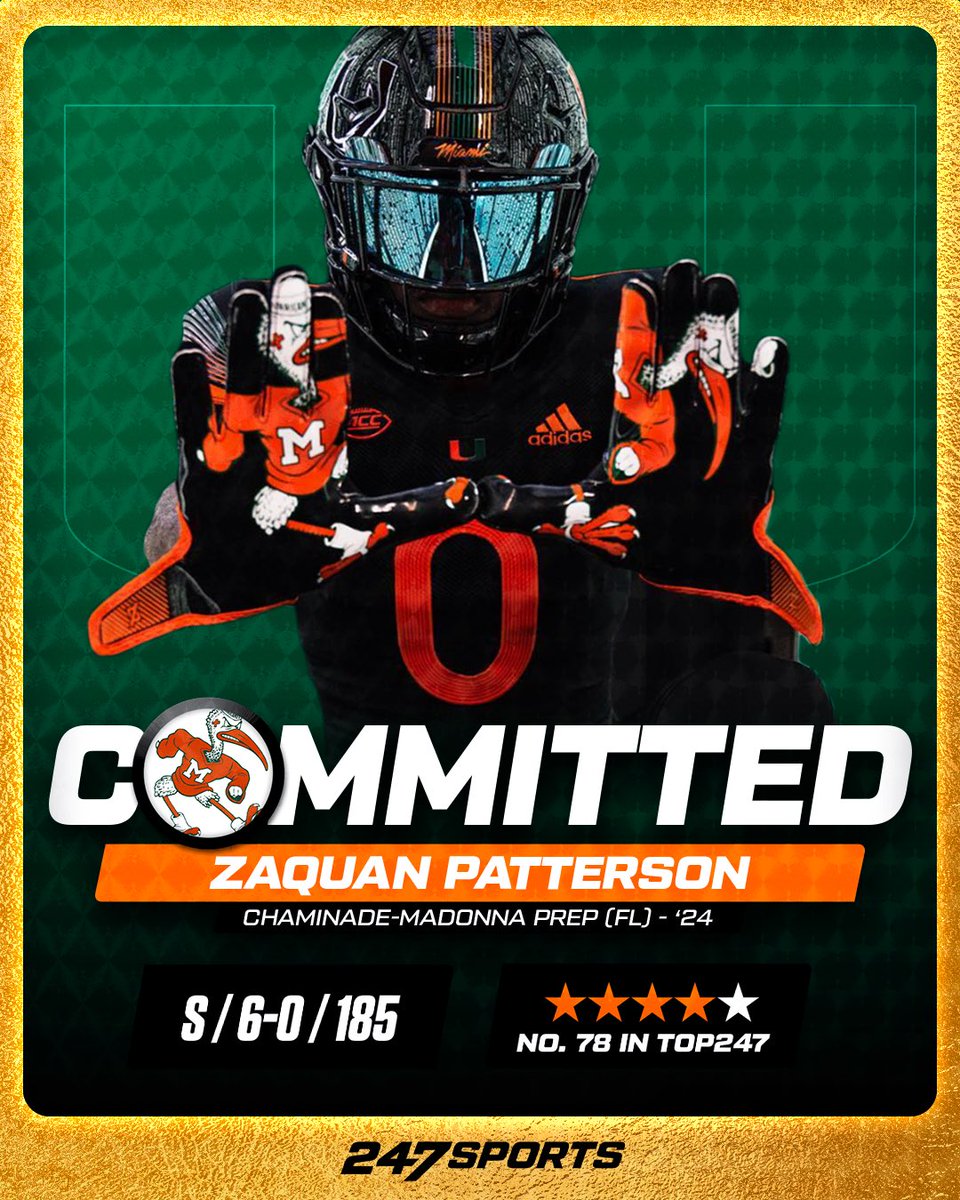 BREAKING: Hollywood Chaminade-Madonna Prep Top247 S Zaquan Patterson commits to Miami over Florida State. “I love what Coach Cristobal is doing with the program and the direction he’s taking it in and I want to be a part of that change.” 247sports.com/college/miami/…