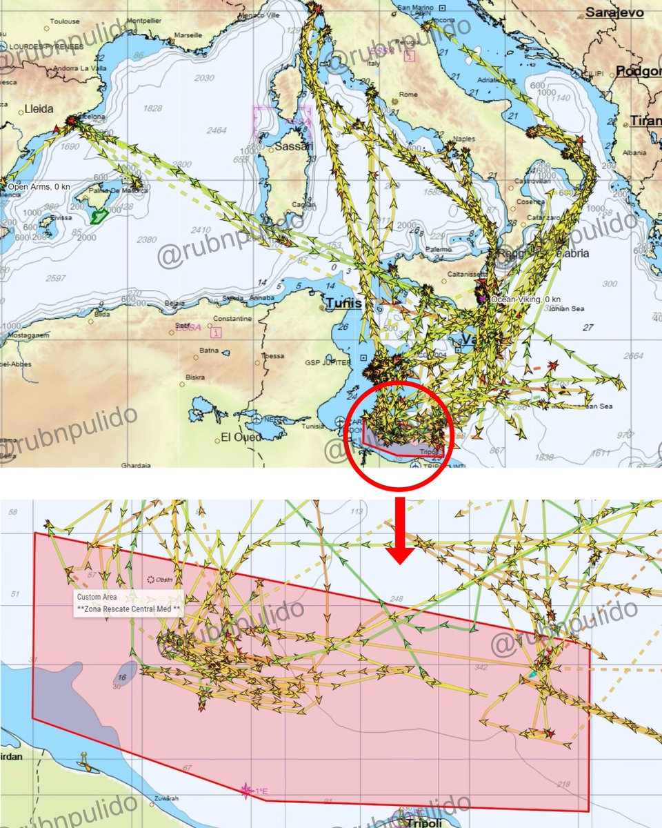 Open Arms, Médicos Sin Fronteras y SOS Med. Una ONG española y dos ONG francesas. Aquí tenéis los recorridos del último año de sus buques: #OpenArms, #GeoBarents, #Astral y #OceanViking. No salen del área de máxima operatividad de las mafias libias y tunecinas. 

¿Rescates?