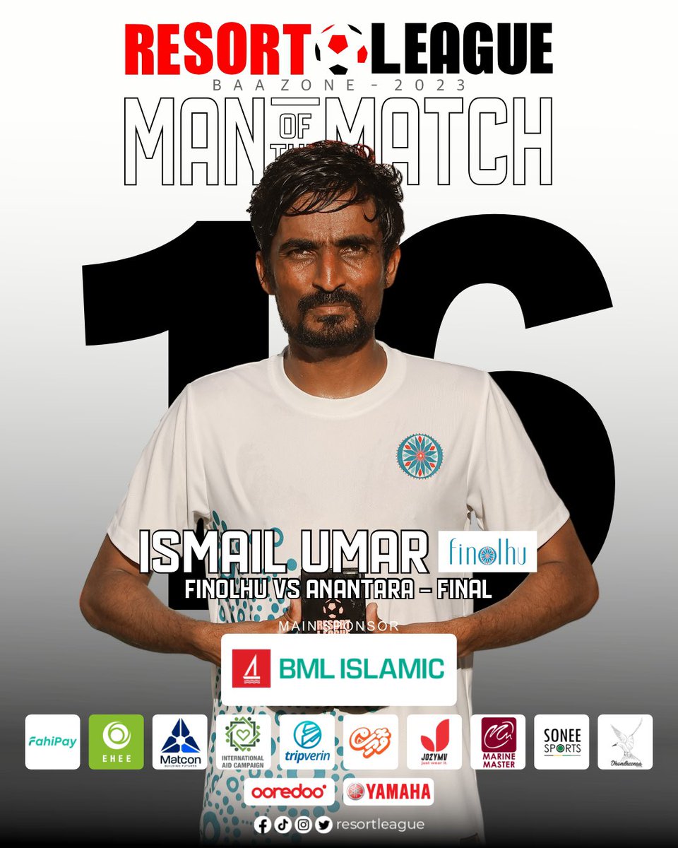 resortleague's tweet photo. Resort League 2023 Baa Zone
Final Match
Man of the Match: Jno. 16 Ismail Umar (Finolhu)
Full Time
Finolhu 5 FT 3 Anantara
.
#RL23 #resortleague #resortleague2023 #IAC #CharityPartner #BMLislamic #EHEE #tripverin #fahipay #matcon #marinemaster @OoredooMaldives https://t.co/Dm8AWADJbd
