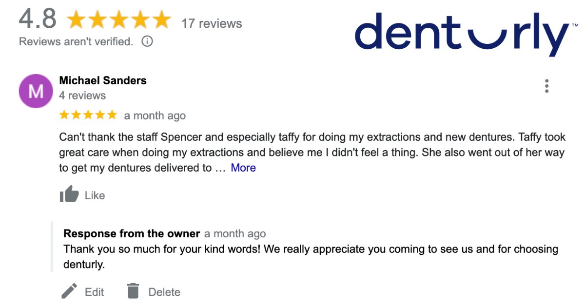denturly's tweet photo. A nice denture review to welcome the bank holiday.  Remember you can book a free consult at any of our 10 Clinics at https://t.co/p0ooWox4qP or by calling 0808 304 8960. https://t.co/QvKe1tYRWh