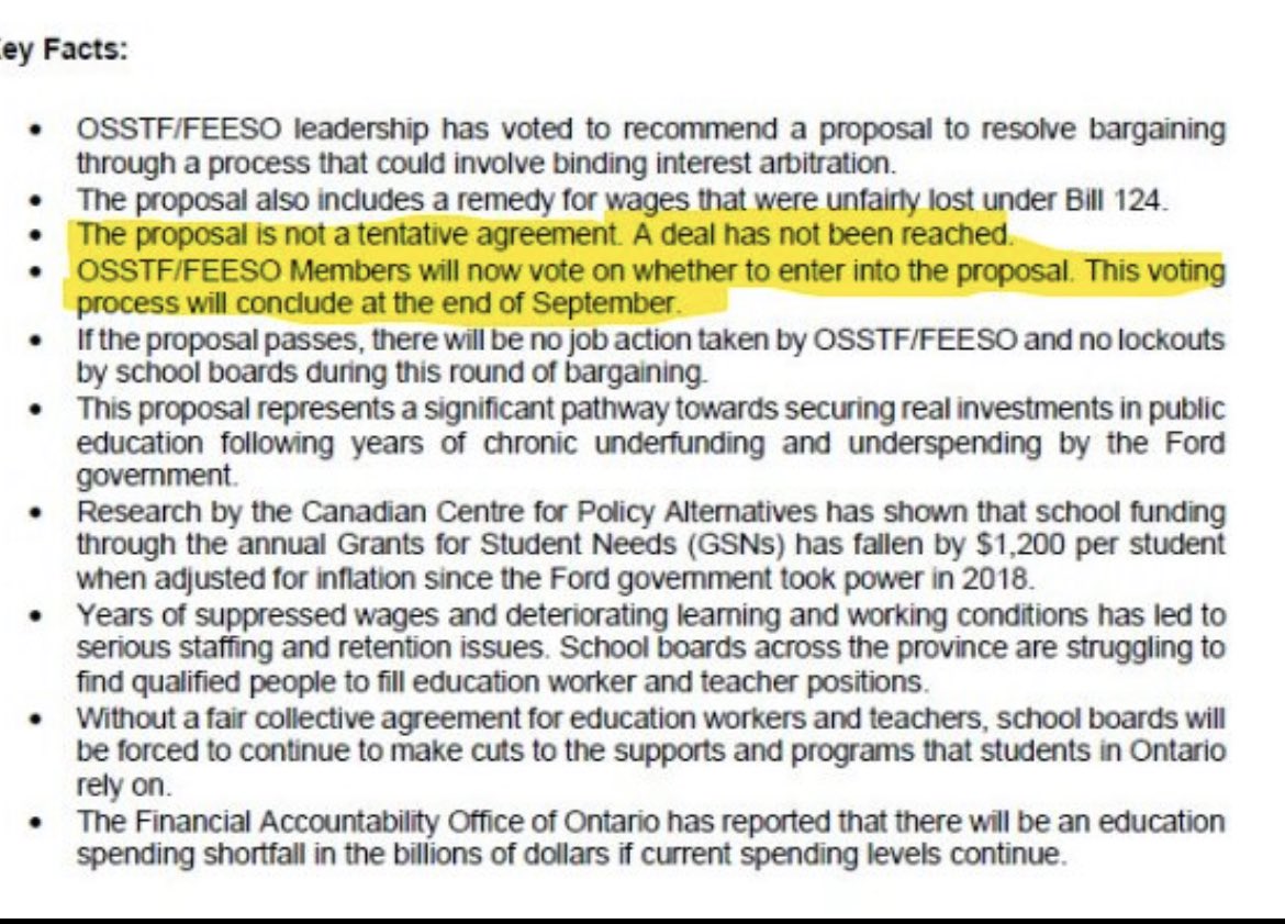 Dear MOE @Sflecce. Please stop telling the people of Ontario, through media outlets, that you have reached a tentative agreement with the high school teachers union. This is not true. They will now vote on whether or not to go to arbitration.