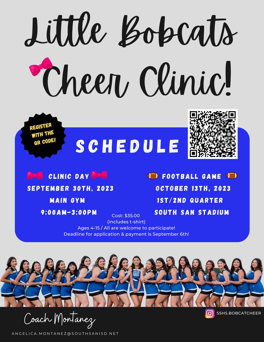SSAISDFivePalms's tweet photo. Please scan the QR code if your child is interested in the Bobcat Cheer Clinic coming up. We would love to see some of our Eagles on the field. https://t.co/0HPEq1ADCb