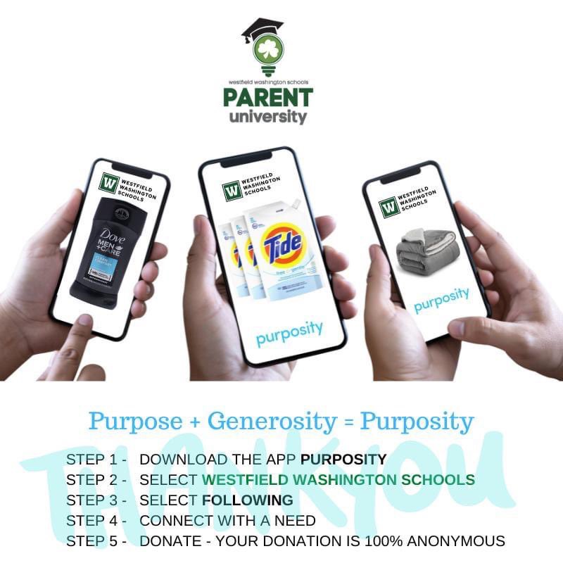 Purpose + Generosity = @Purposity
If you wish to make a difference in the lives of students from <a href="/wwsweb/">WWS</a>, download the Purposity app. Select Westfield Washington Schools, select a need, &amp; you will directly impact a student’s life.
#WWSParentUniversity #WeAreWestfield #Rockstrong