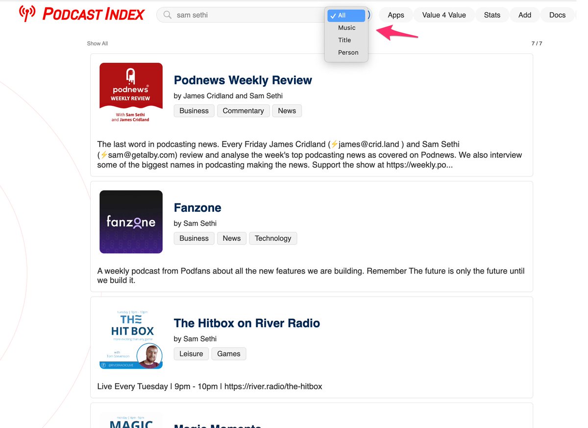 SamSethi's tweet photo. Great to see @PodcastindexOrg adding more endpoints and features.  Now you can search and filter by music as well as person and title. #GoPodcasting https://t.co/O4OOaWLQ35